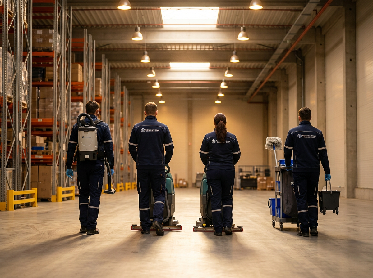 Équipe de nettoyage commercial UNO en uniforme dans un entrepôt moderne